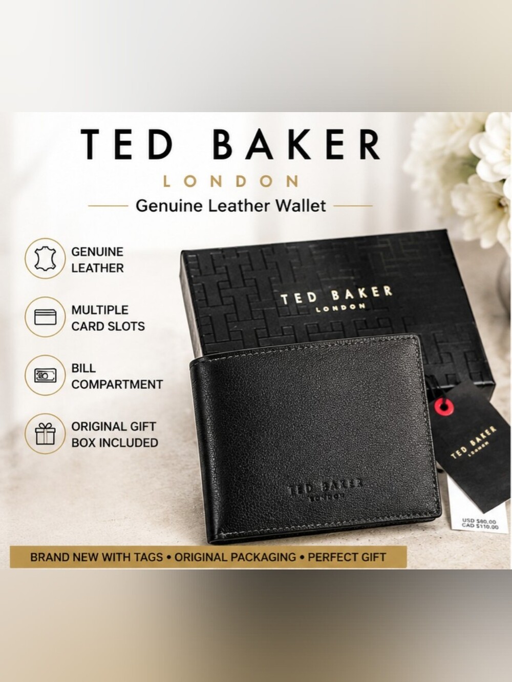 TED BAKER London Black Leather Wallet NWT | Genuine Leather Bifold Wallet Gift